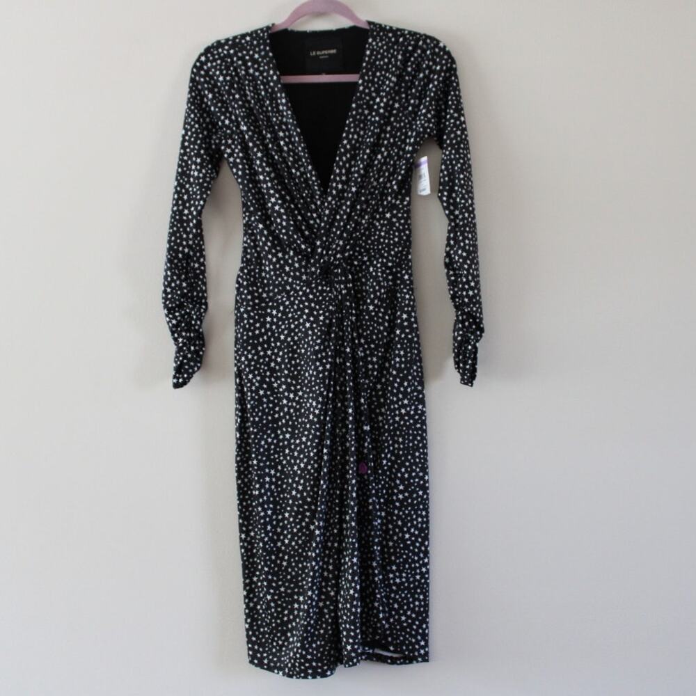 NWT Le Superbe Long‎ Sleeve Black Star Print Slinky Knit Twist Front Dress XS